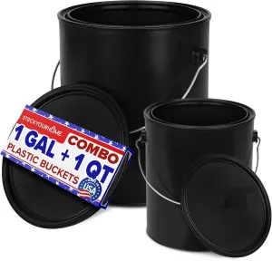 1 Quart & 1 Gallon Plastic Paint Buckets (2 Pack Combo) Triple-Lock Airtight Seal to Minimizing Skimming, Rust, Odor & Chemical Resistant- (1x 32 Fl Oz & 1x 128 FLoz) Plastic Paint Can   Snap On Lid