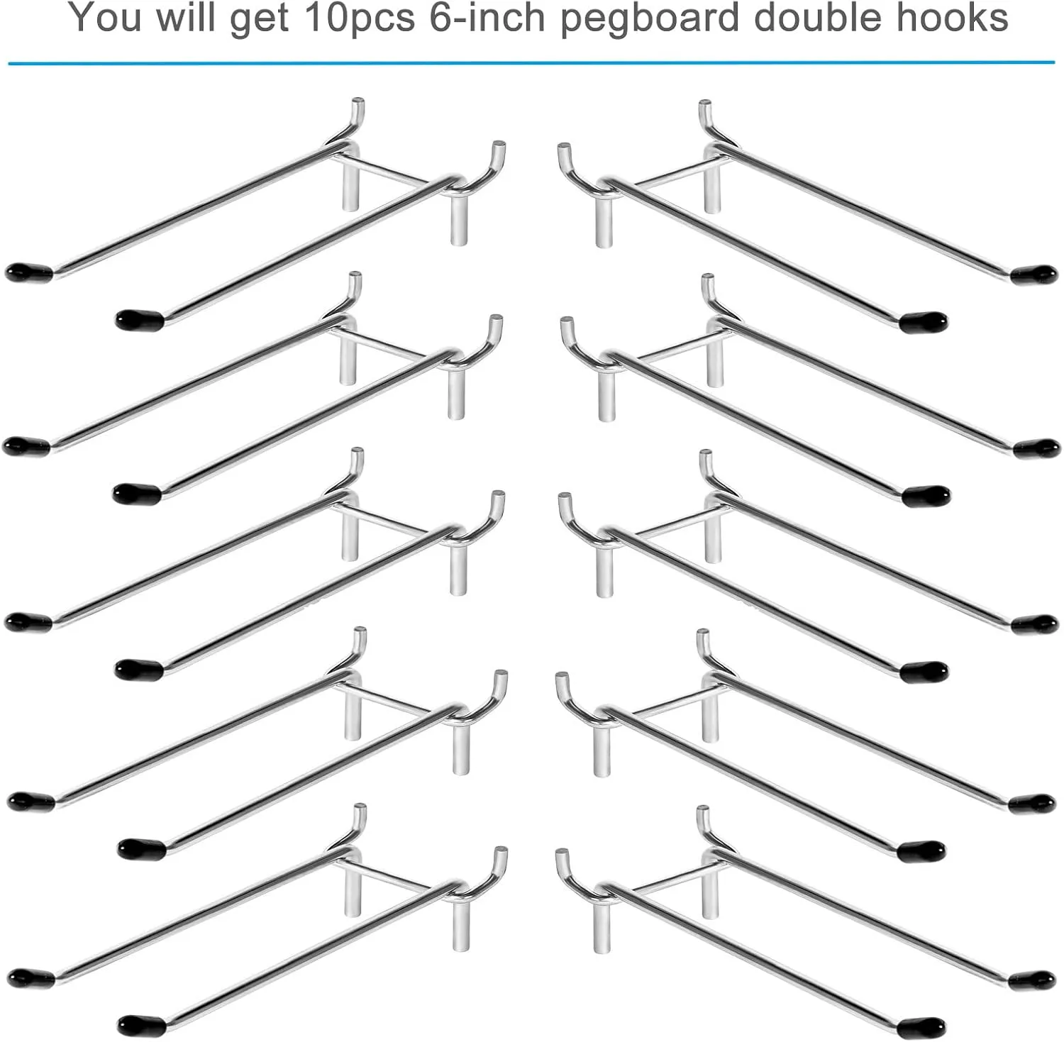 10 Pcs Pegboard Hooks, 6 Inch Peg Board Hooks, Pegboard Pegs Accessories with Rubber Tipped, Double Peg Hook Fit 1/4” Hole, Heavy Duty Tool Utility Hook for Hanging Tools, Bags and More