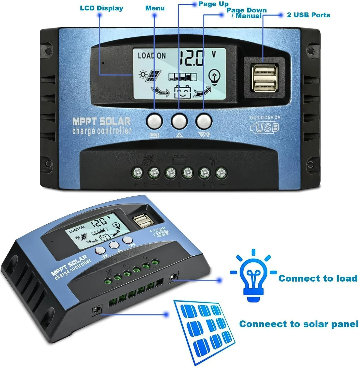 100A MPPT Solar Charge Controller, 12V/ 24V Solar Panel Battery Intelligent Regulator with Dual USB Port, LCD Display and Timer Setting ON/Off Hours