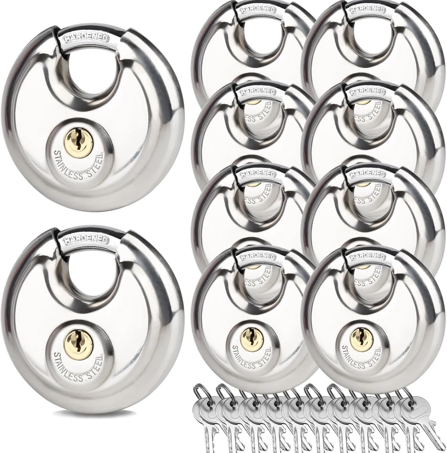 10Pack Disc Locks Keyed Alike, 2-3/4"(70mm) Storage Locks for Storage Unit, Outdoor Waterproof Stainless Steel Padlocks for Storage Locker, Shed, Gate, Fence, Heavy Duty Discus Keyed Pad Lock