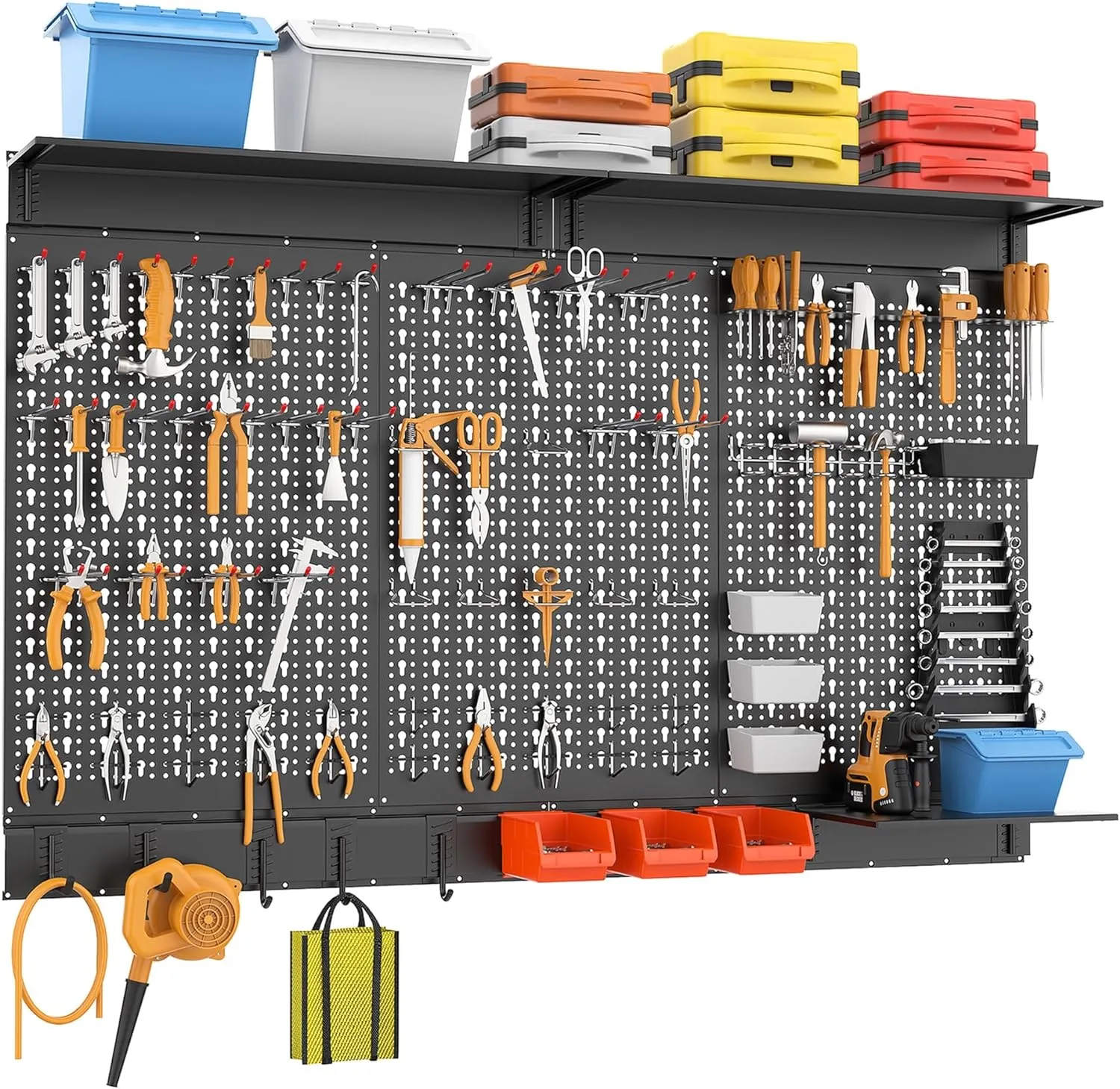 113PCS Pegboard Wall Organizer Kit with Pegboard Hooks, Bins, Shelves, Pegboard Tools Storage System for Garage, Workbench, Modular Peg Board Tool Organizer Board with Hooks(Black)