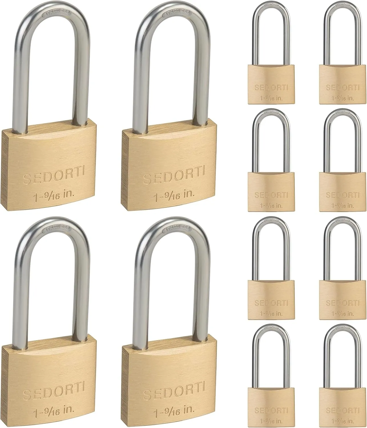 12-Pack Keyed Alike Locks with Key# 44123, Solid Brass Padock with 304 Stainless Steel Long Shackle, Weatherproof Locks for Outdoor Use