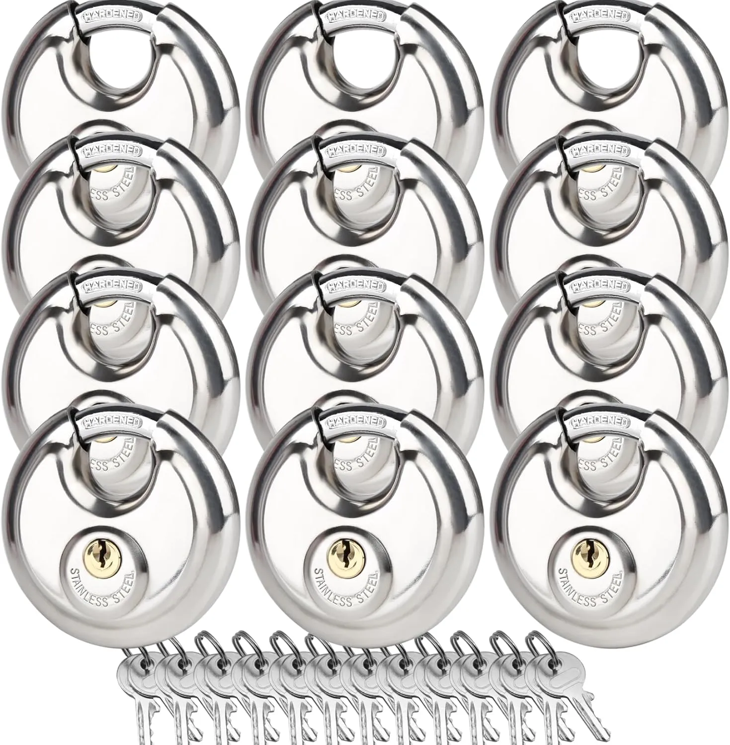 12 Pack Storage Locks for Storage Unit, 2-3/4" Disc Locks Keyed Different, Outdoor Waterproof Stainless Steel Padlocks for Storage Locker, Shed, Gate, Fence, Heavy Duty Discus Keyed Padlock