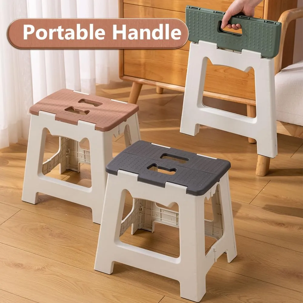 13'' Folding Step Stool for Adults & Kids Hold Up to 250 LB Non-Slip Folding Stools with Portable Handle Compact Collapsible Lightweight Foldable Stools for Kitchen, Bathroom (Khaki, 13in)