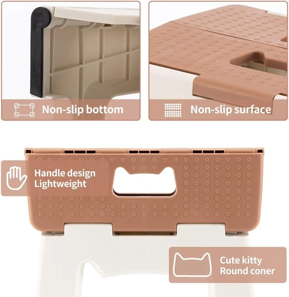 13'' Folding Step Stool for Adults & Kids Hold Up to 250 LB Non-Slip Folding Stools with Portable Handle Compact Collapsible Lightweight Foldable Stools for Kitchen, Bathroom (Khaki, 13in)
