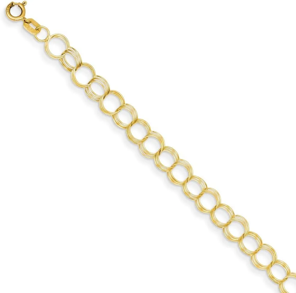 14k Yellow Gold Solid Triple Link Pendant Charm Bracelet - with Secure Lobster Lock Clasp (6mm)