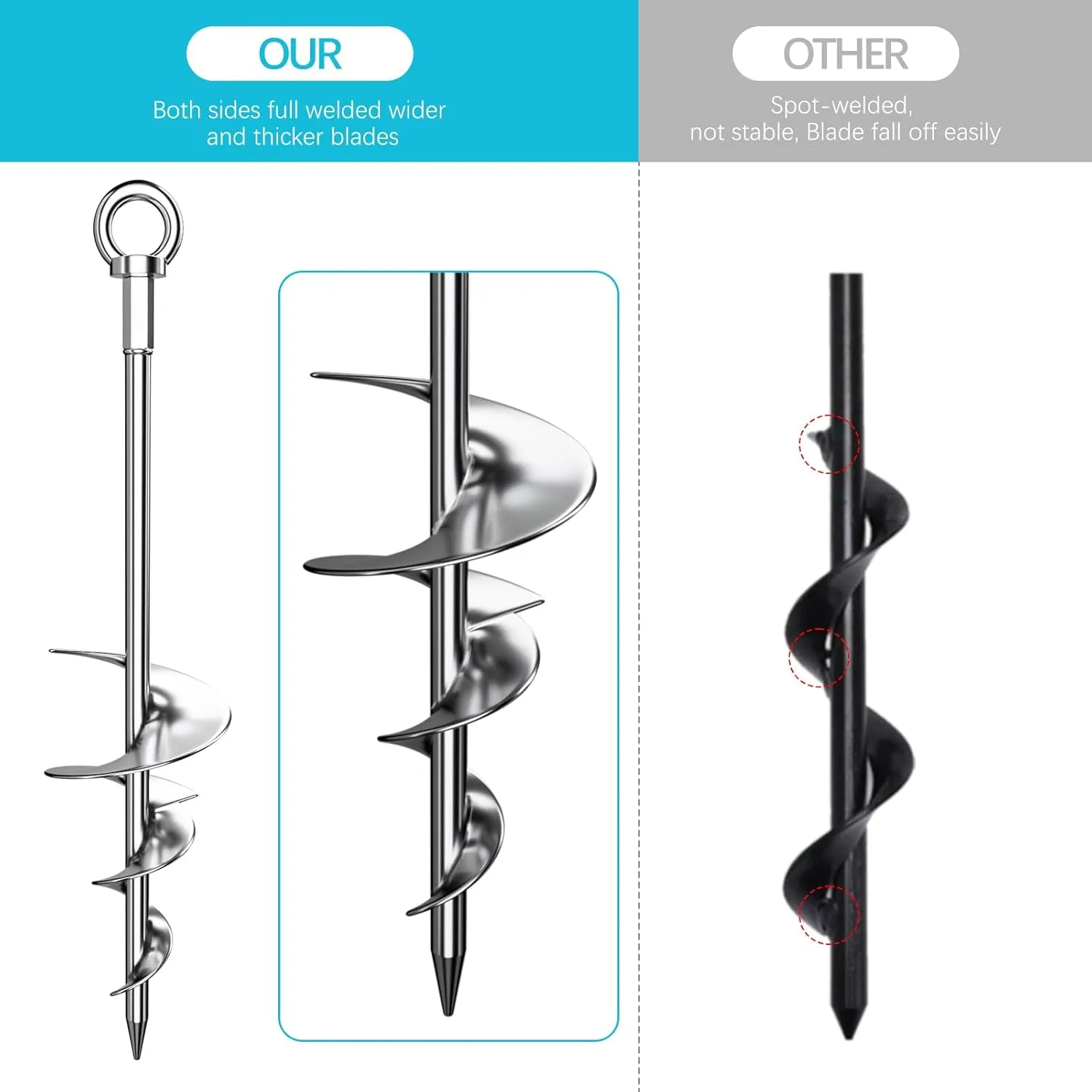 18'' Ground Anchors, Fully Welded Heavy Duty Ground Anchors Screw in Swing Set Anchors Chrome Plating Anti Rust Ground Anchor with Straps for Dogs, Trampoline Stakes Resistant High Wind
