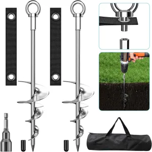 18'' Ground Anchors, Fully Welded Heavy Duty Ground Anchors Screw in Swing Set Anchors Chrome Plating Anti Rust Ground Anchor with Straps for Dogs, Trampoline Stakes Resistant High Wind