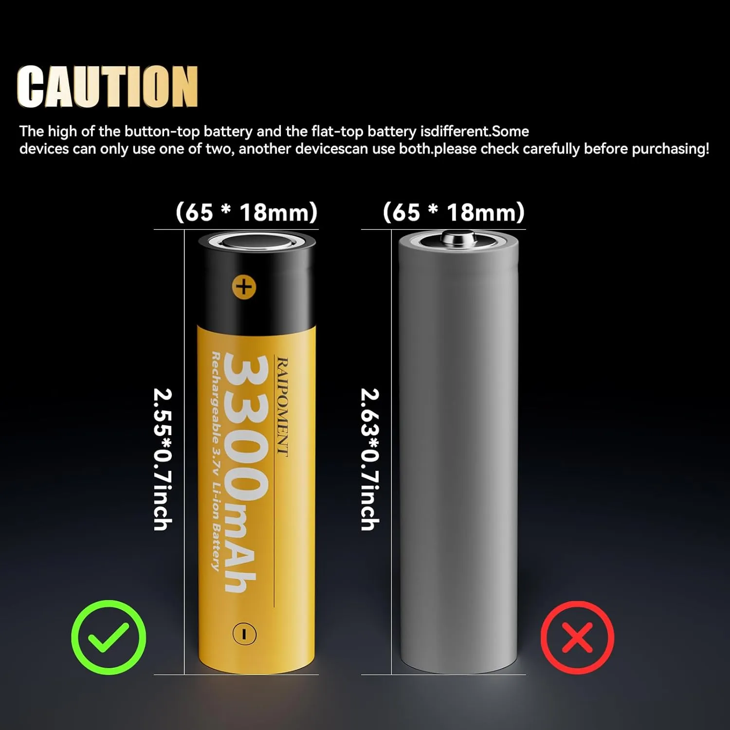 18650 Rechargeable Battery 3.7V Flat top Lithium Rechargeable Batteries, 3300mAh Batteries for Flashlights, Headlamps, Fans, Digital Cameras, Toys, Radios, Speakers, Surveillance Devices and More