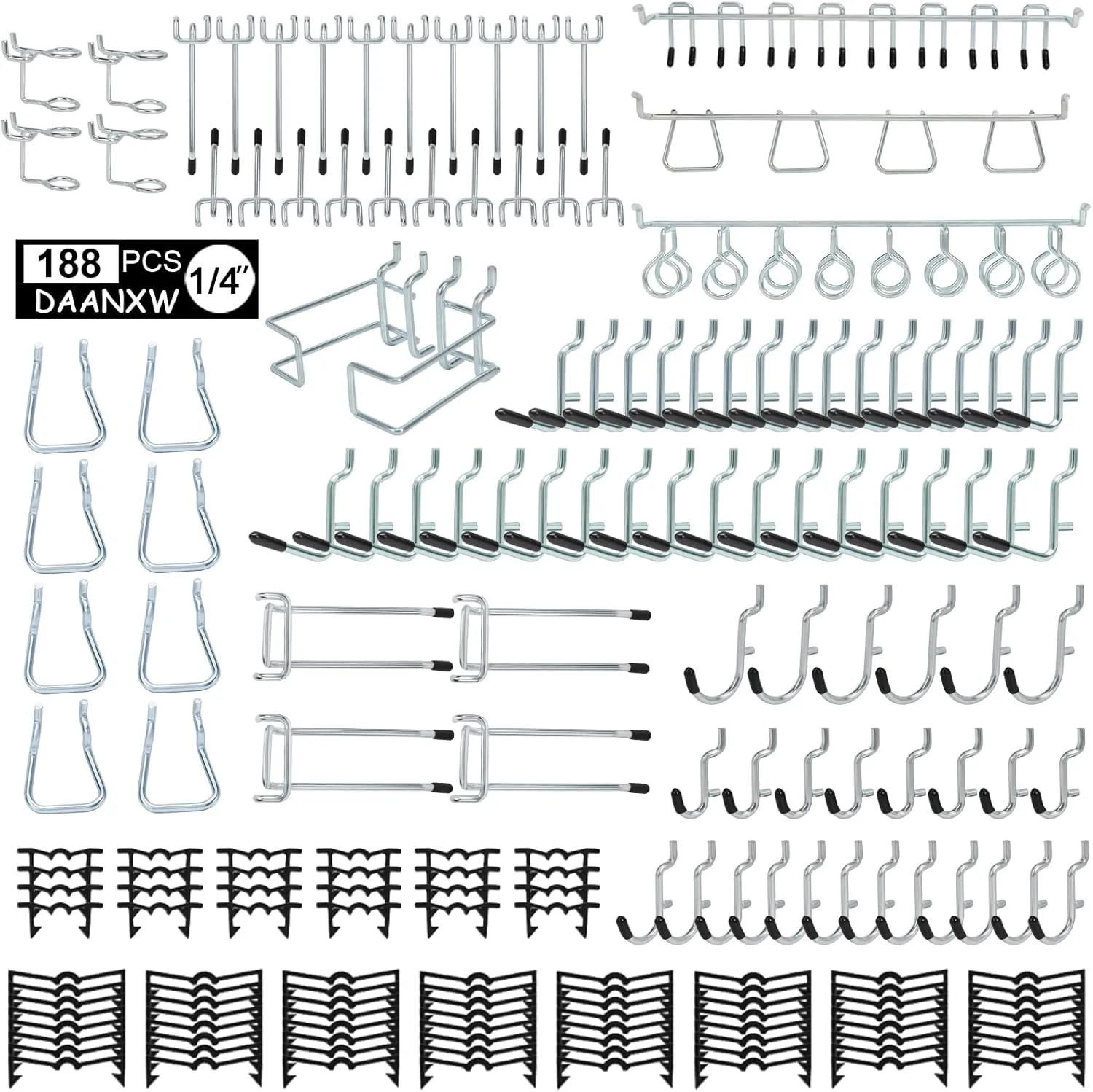 188 Piece 1/4 Inch Heavy Duty Pegboard Hooks Kit,Only Suitable for 1/4 Inch Pegboard,with Peg Lock Pegboard Accessories for Garage Wall Organizer Hanging Tools(Black)