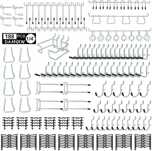 188 Piece 1/4 Inch Heavy Duty Pegboard Hooks Kit,Only Suitable for 1/4 Inch Pegboard,with Peg Lock Pegboard Accessories for Garage Wall Organizer Hanging Tools(Black)