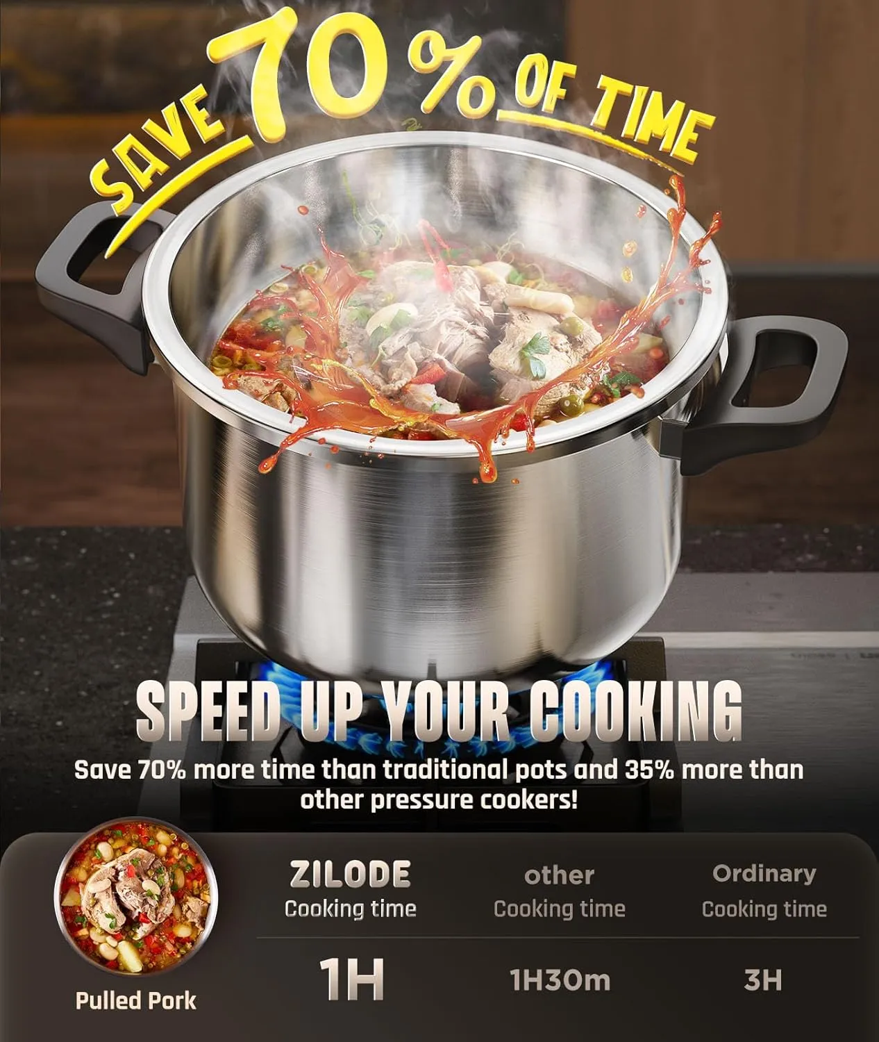 18/8 Stainless Steel Pressure Cooker 10 QT, [Save 70% Cooking Time] Olla De Presion with Food-Grade Body [One Hand Operation] Rotating Lock/Unlocking Lid System, Steam Rack Included