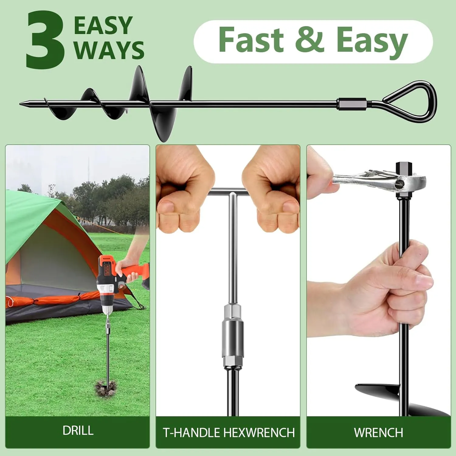 18" Long Ground Anchor, Heavy Duty Earth Anchors 18 inch Ground Anchors Screw in Kit with T-Handle Hex Wrench for Camping Tent, Swing Sets, Securing Animals, Sheds, Trampoline(4 Pcs) (Black)