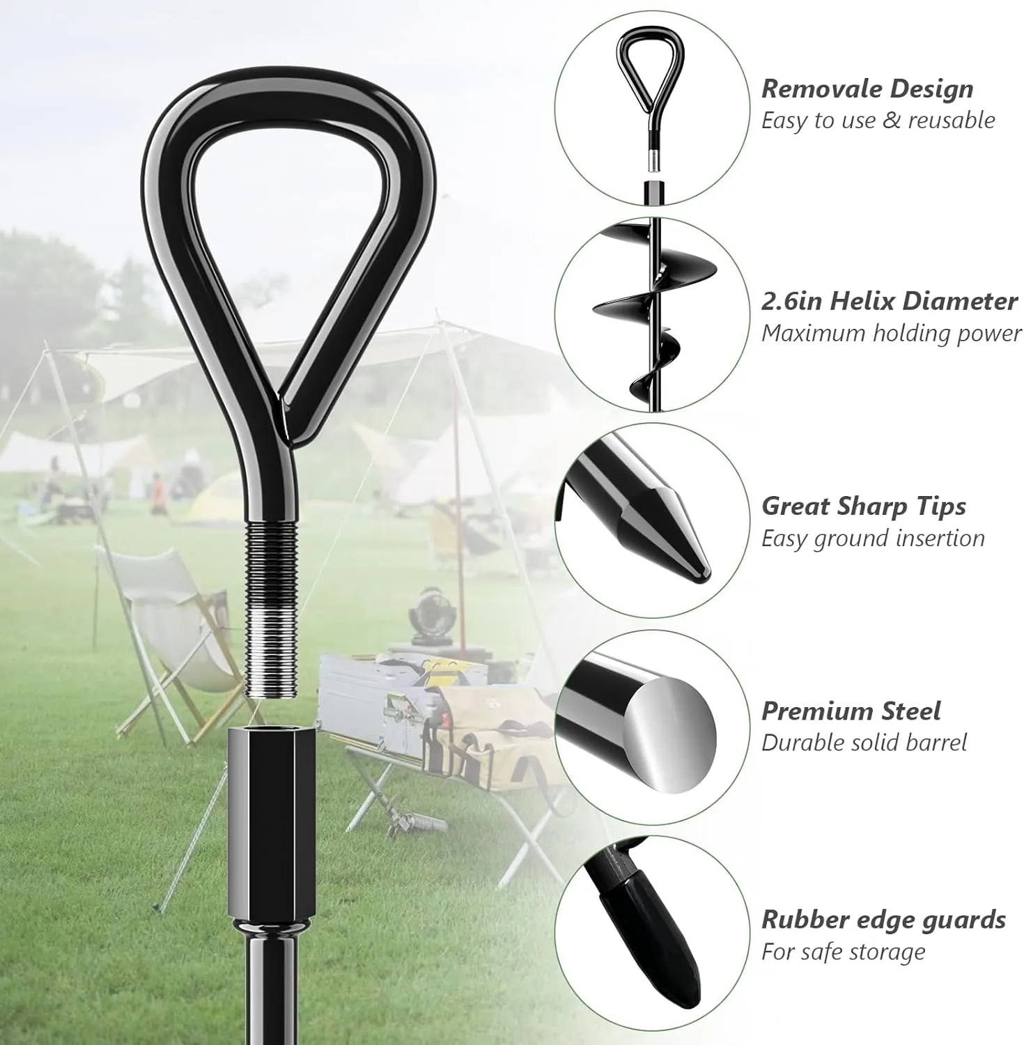 18" Long Ground Anchor, Heavy Duty Earth Anchors 18 inch Ground Anchors Screw in Kit with T-Handle Hex Wrench for Camping Tent, Swing Sets, Securing Animals, Sheds, Trampoline(4 Pcs) (Black)