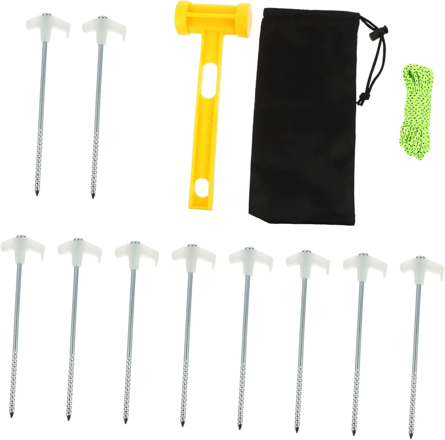 1set Outdoor Camping Tool Kit Dark Spiral Tent Pegs Steel Ground Stakes Heavy Duty Awning Trip Storage Pouch for Camping Hiking and Outdoor Activities