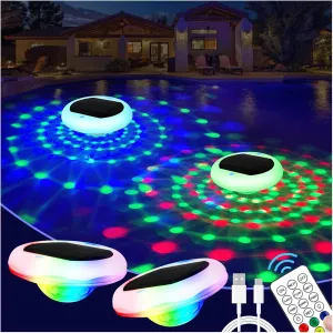 2-in-1 Solar and Rechargeable Floating Pool Lights: 4 Pack 6.7" Pool Lights That Float 6 Dynamic Modes with Remote IP68 Waterproof Hang RGB Upper and Lower Bathtub Light for Garden Pond