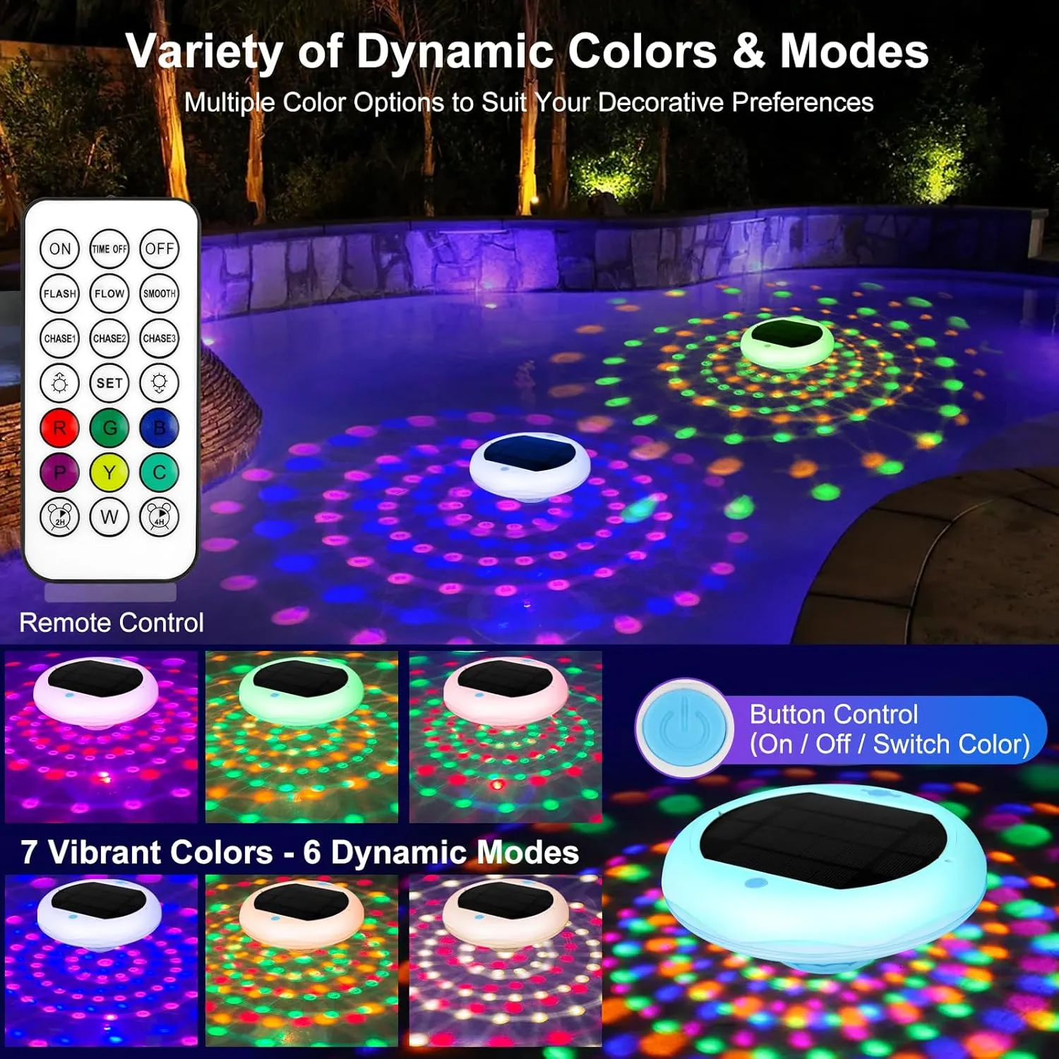 2-in-1 Solar and Rechargeable Floating Pool Lights: 4 Pack 6.7" Pool Lights That Float 6 Dynamic Modes with Remote IP68 Waterproof Hang RGB Upper and Lower Bathtub Light for Garden Pond
