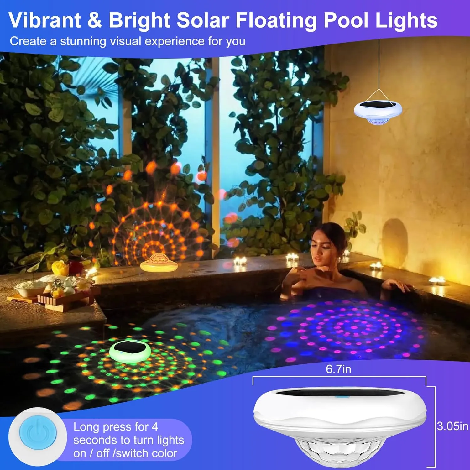 2-in-1 Solar and Rechargeable Floating Pool Lights: 4 Pack 6.7" Pool Lights That Float 6 Dynamic Modes with Remote IP68 Waterproof Hang RGB Upper and Lower Bathtub Light for Garden Pond