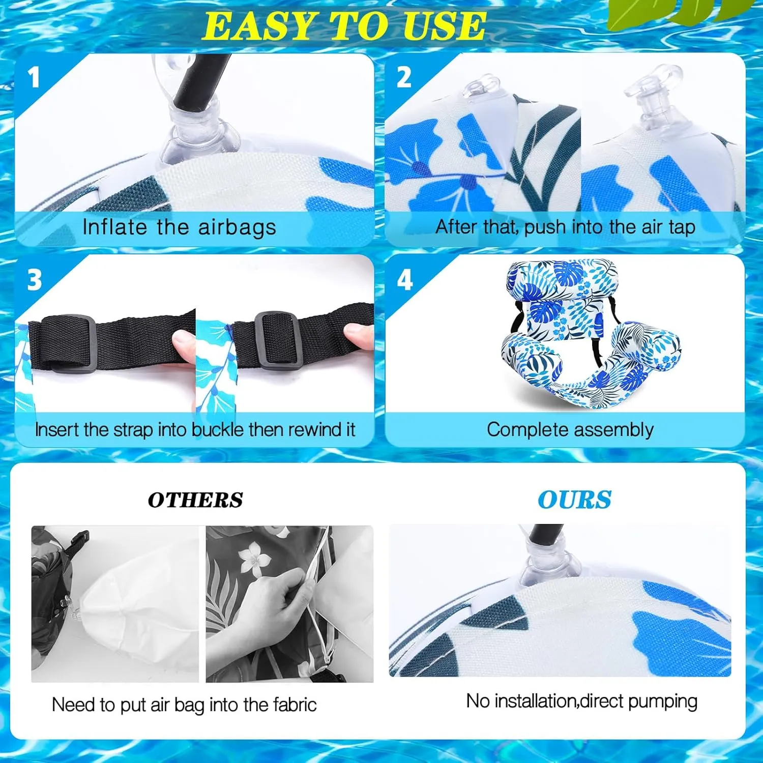 2 Pack Inflatable Pool Float for Adult Adjustable Hammock Float Chair Fabric Pool Lounge Chairs Blow up Water Chairs Rafts for Summer Swimming Party Fun(Blue, Green,Tropical)