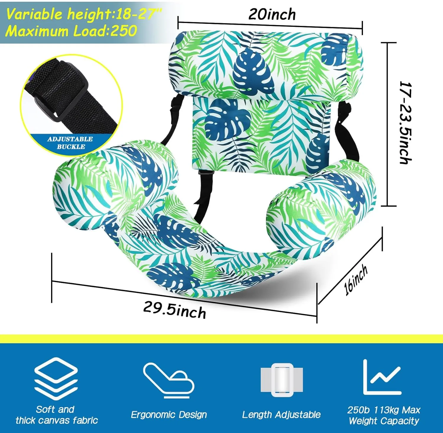 2 Pack Inflatable Pool Float for Adult Adjustable Hammock Float Chair Fabric Pool Lounge Chairs Blow up Water Chairs Rafts for Summer Swimming Party Fun(Blue, Green,Tropical)