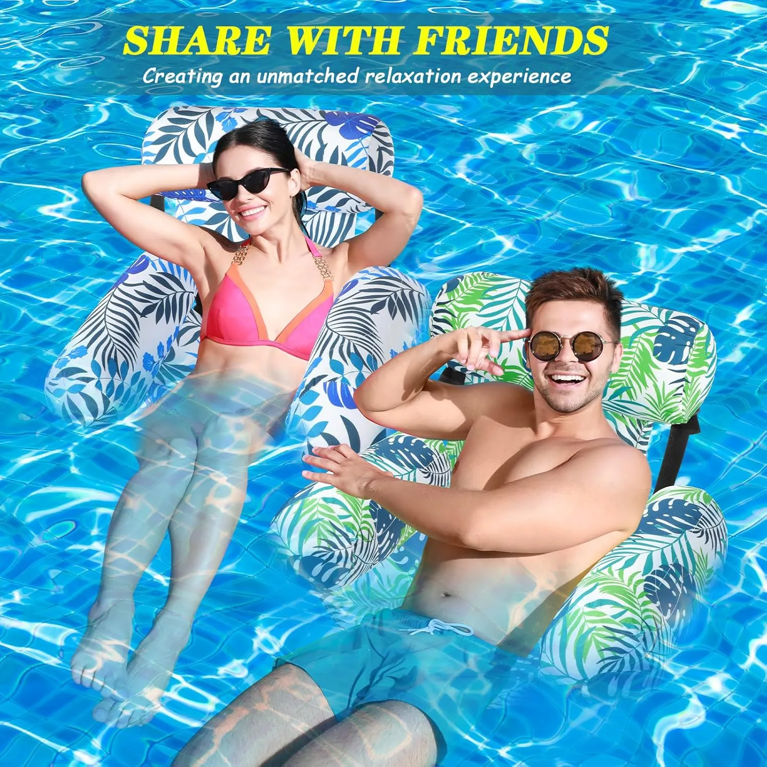2 Pack Inflatable Pool Float for Adult Adjustable Hammock Float Chair Fabric Pool Lounge Chairs Blow up Water Chairs Rafts for Summer Swimming Party Fun(Blue, Green,Tropical)