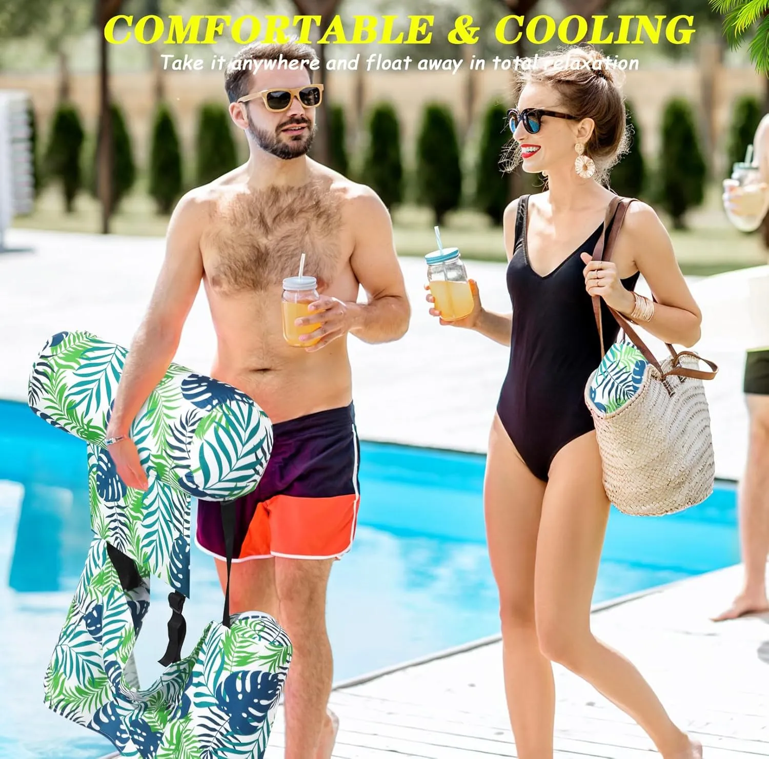 2 Pack Inflatable Pool Float for Adult Adjustable Hammock Float Chair Fabric Pool Lounge Chairs Blow up Water Chairs Rafts for Summer Swimming Party Fun(Blue, Green,Tropical)