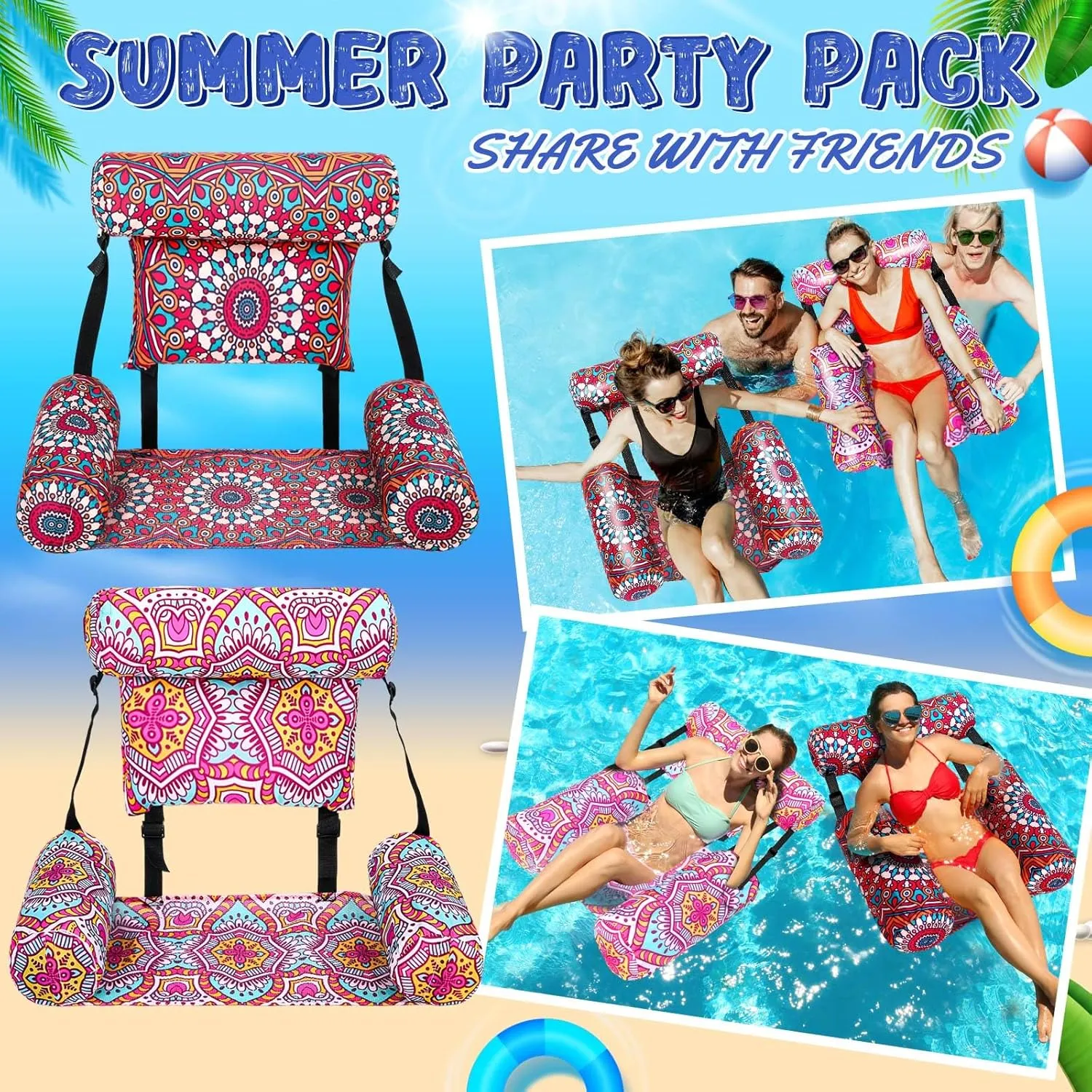 2 Pack Large Pool Chair Floats Adult Inflatable Pool Lounge Chair Summer Pattern Water Floating Chair Adjustable Pool Float Hammock for Swimming Pool Beach Party Game