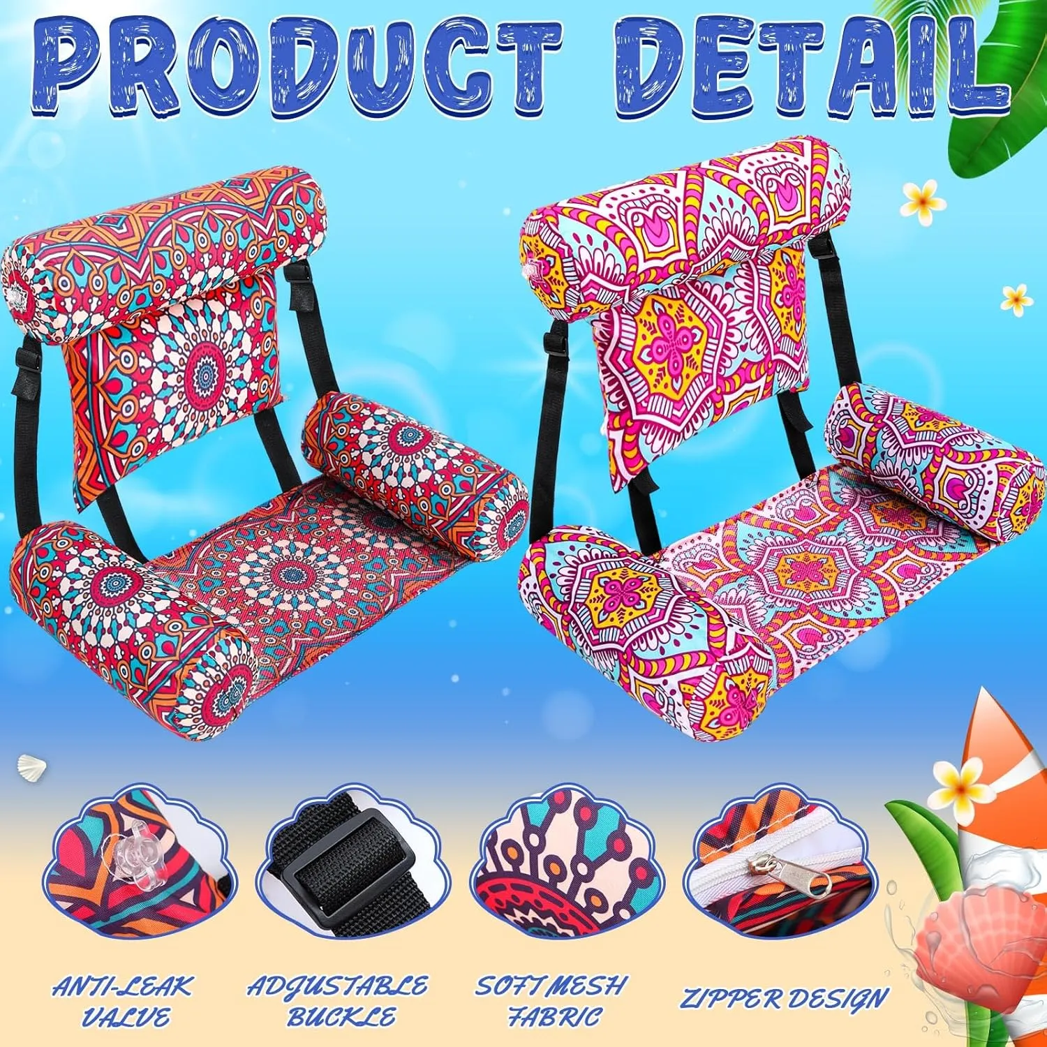 2 Pack Large Pool Chair Floats Adult Inflatable Pool Lounge Chair Summer Pattern Water Floating Chair Adjustable Pool Float Hammock for Swimming Pool Beach Party Game