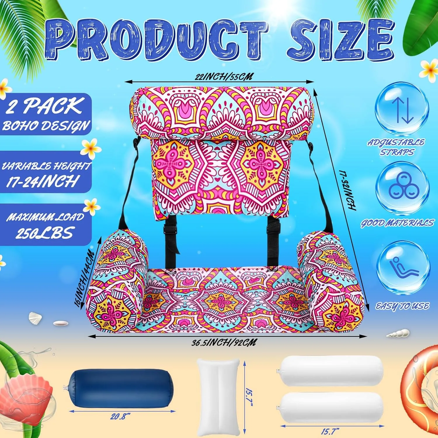 2 Pack Large Pool Chair Floats Adult Inflatable Pool Lounge Chair Summer Pattern Water Floating Chair Adjustable Pool Float Hammock for Swimming Pool Beach Party Game