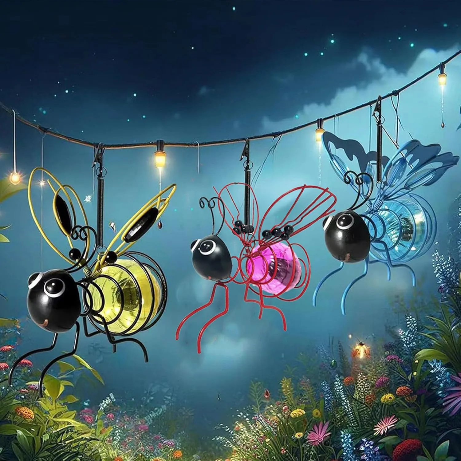 2 Pack Outdoor Hanging Solar Bee Simulation Lights, Insect Bees Garden Decor for Outside, Waterproof Bumble Bees Solar Light for Party Festivals Garden Decor Birthday Gifts (Set of 3)