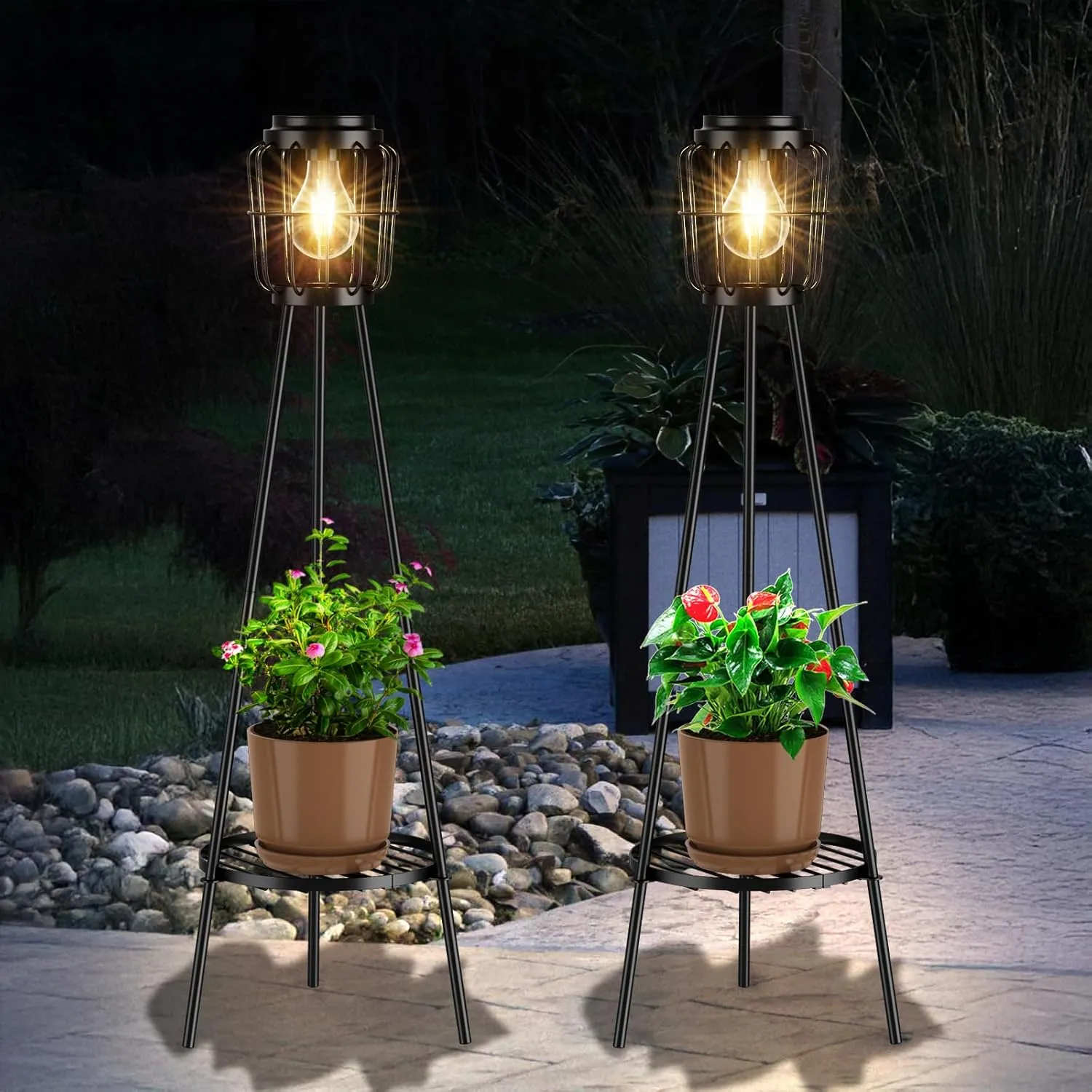 2 Pack Solar Lights Outdoor with Plant Stands, Solar Floor Lamp with LED Edison Bulbs for Garden Yard Pathway Driveway Front/Back Porch Decoration