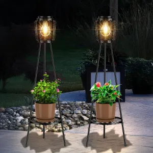 2 Pack Solar Lights Outdoor with Plant Stands, Solar Floor Lamp with LED Edison Bulbs for Garden Yard Pathway Driveway Front/Back Porch Decoration