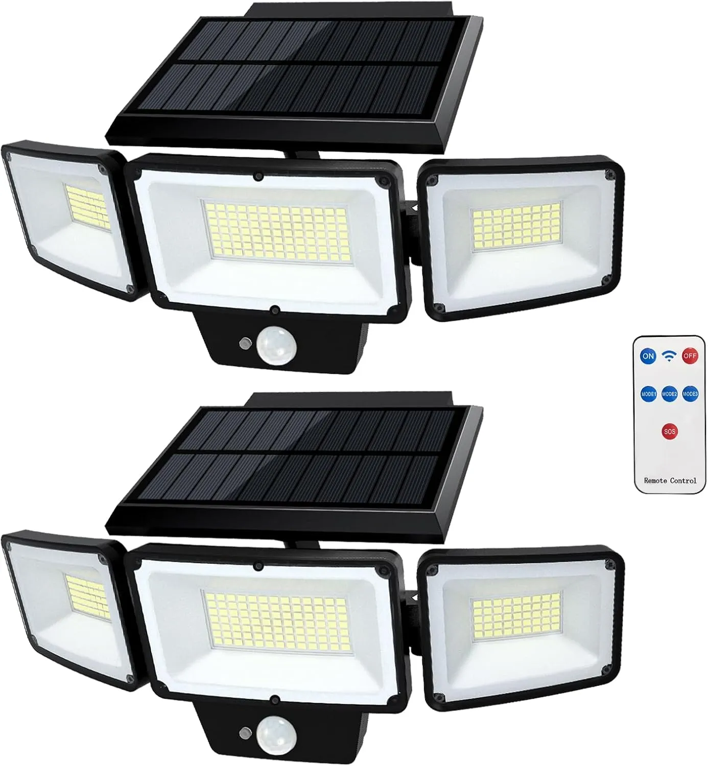 2 Pack Solar Outdoor Lights with Remote Control, Motion Sensor Outdoor Lights with 3 Modes, 3 Heads LED Security Lights, IP65 Waterproof Outdoor Solar Lights for Yard with 270 Wide Angle