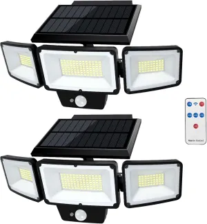 2 Pack Solar Outdoor Lights with Remote Control, Motion Sensor Outdoor Lights with 3 Modes, 3 Heads LED Security Lights, IP65 Waterproof Outdoor Solar Lights for Yard with 270 Wide Angle