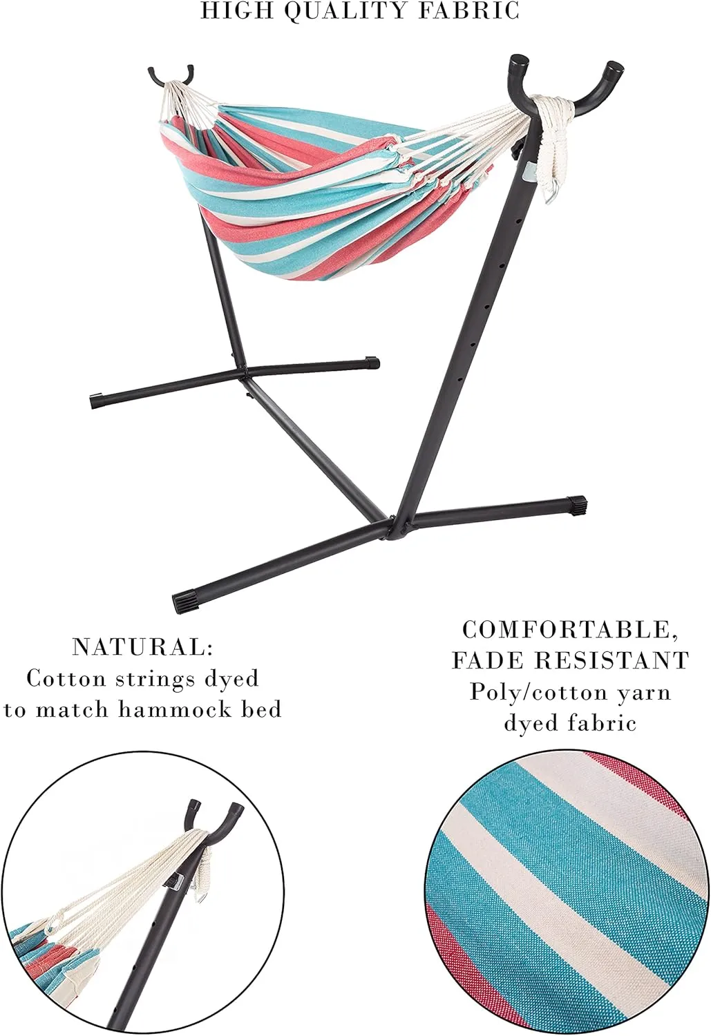 2-Person Hammock with Stand - Brazilian-Style Woven Cotton Swing - Single Hanging Bed with 450lbs Weight Capacity by Pure Garden (Blue/Red Stripe)