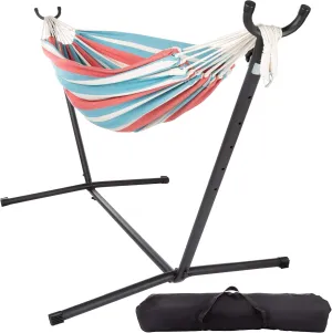 2-Person Hammock with Stand - Brazilian-Style Woven Cotton Swing - Single Hanging Bed with 450lbs Weight Capacity by Pure Garden (Blue/Red Stripe)