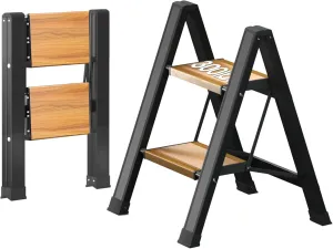 2 Step Ladder, Folding Step Stool with Wide Anti-Slip Pedal, Aluminum Lightweight Portable Step Stools for Adults, 330 IBS Capacity Multi-Use Ladder for Home and Kitchen,Woodgrain-Black