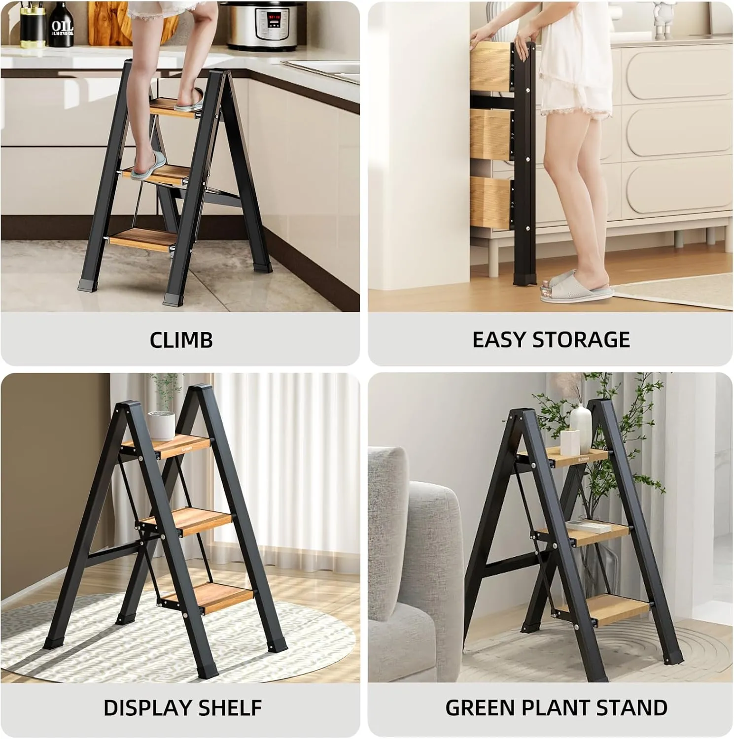 2 Step Ladder, Folding Step Stool with Wide Anti-Slip Pedal, Aluminum Lightweight Portable Step Stools for Adults, 330 IBS Capacity Multi-Use Ladder for Home and Kitchen,Woodgrain-Black