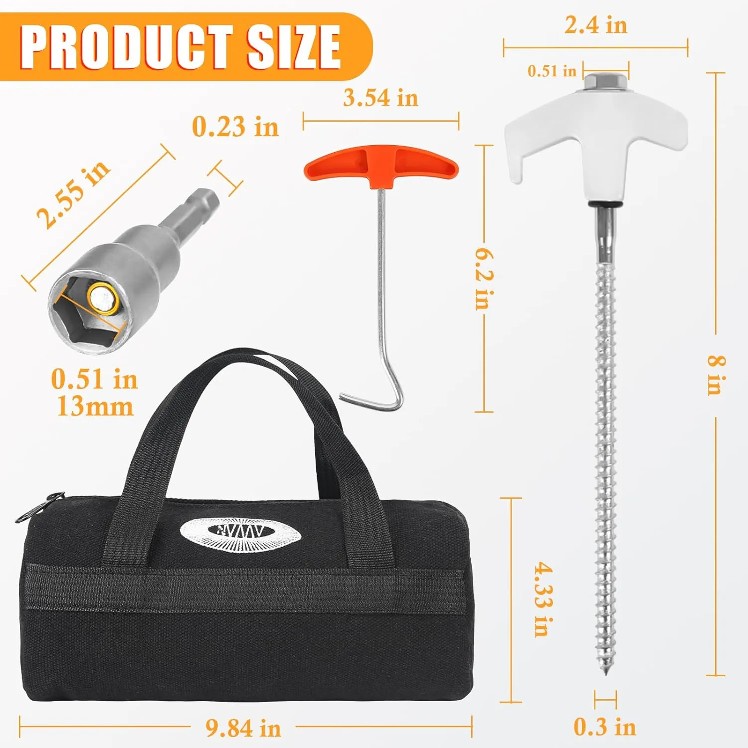 20 Pcs 8" Heavy Duty Drill Tent Stakes with Storage Bag, Glow-in-The-Dark Ground Anchor Peg, Metal Threaded Screw-in Tent Stake for Camping Swing Canopies with 1 Hex Nut Driver, Peg Puller