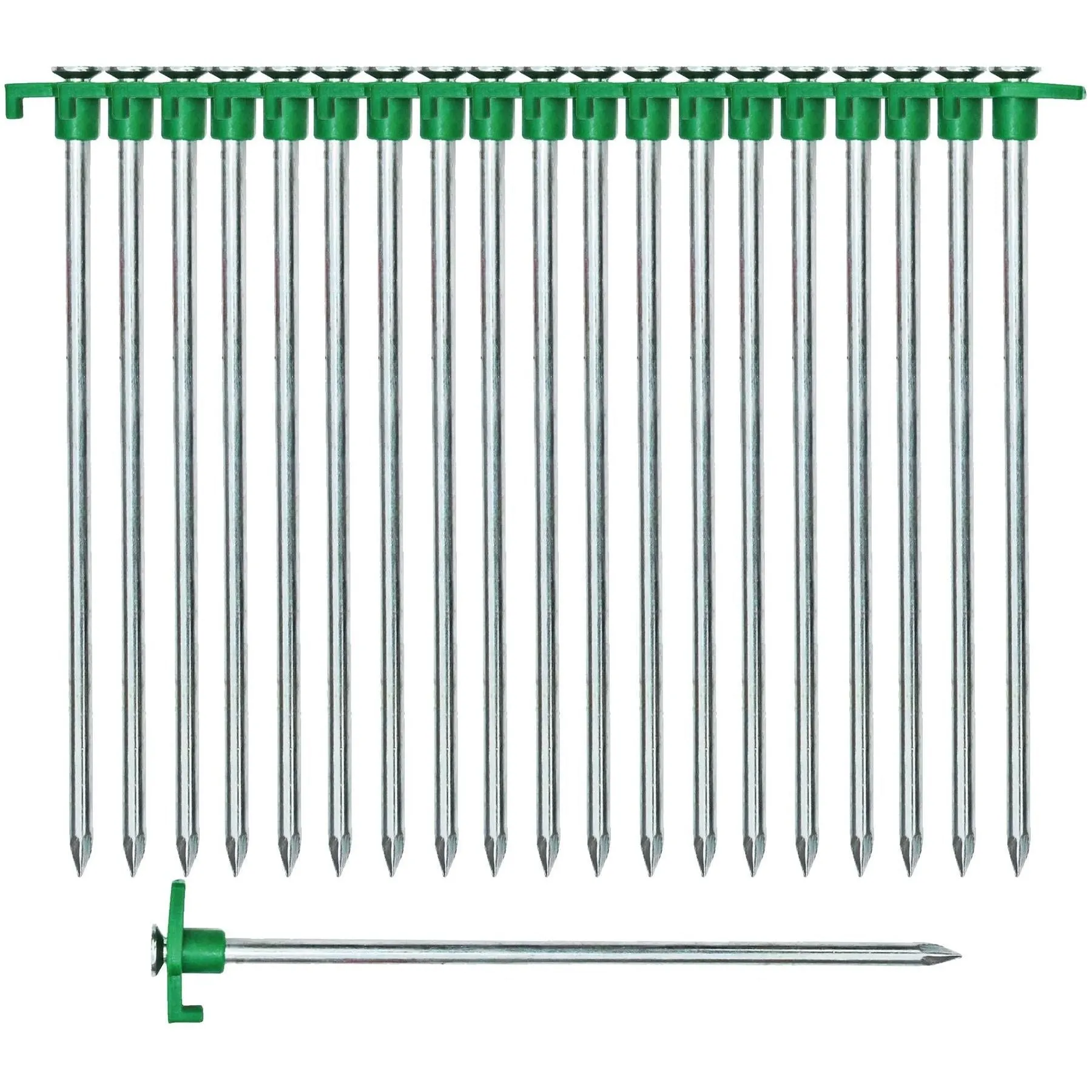 20 x Heavy Duty Hard Ground 25cm Rock Peg Green Hook Top Camping Awning Tent
