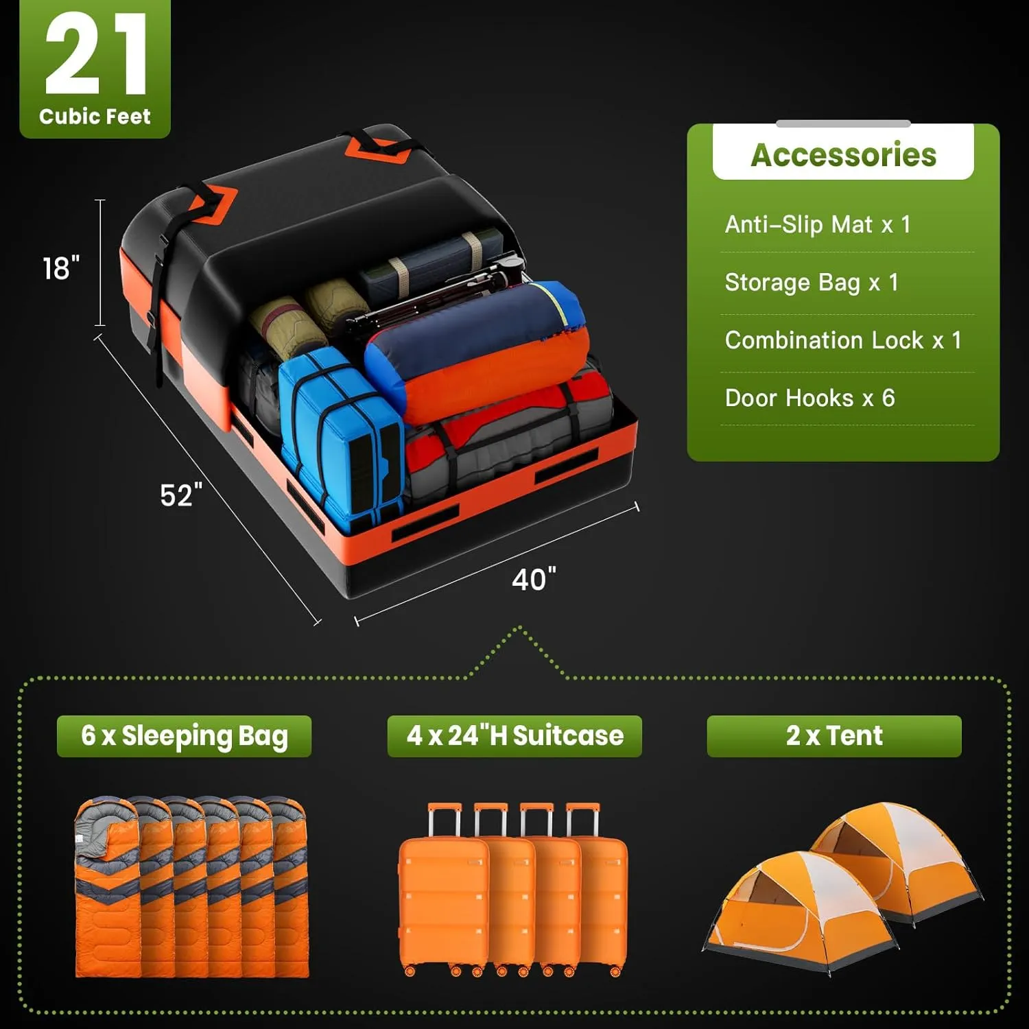 21 Cubic Feet Car Rooftop Cargo Bag Carrier, Soft Roof Top Luggage Bag for All Vechicles with/Without Racks - with Waterproof Zip, Luggage Lock, Anti-Slip Mat, Storage Bag, Door Hooks