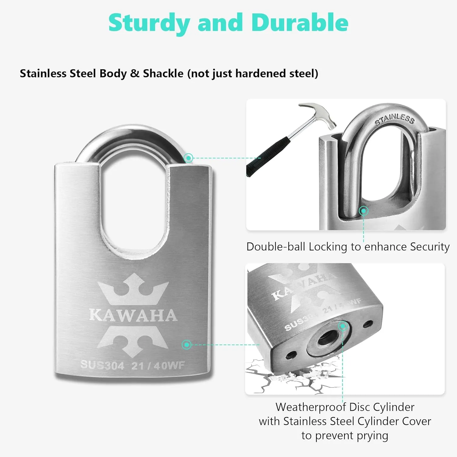 21/40KD-3SK High Security Stainless Steel Shrouded Padlock with Key for Both Indoor and Outdoor use (Heavy Duty, Anti-Rust) (1-9/16 in. (40mm), Keyed Different - 3 Stainless Steel Keys)