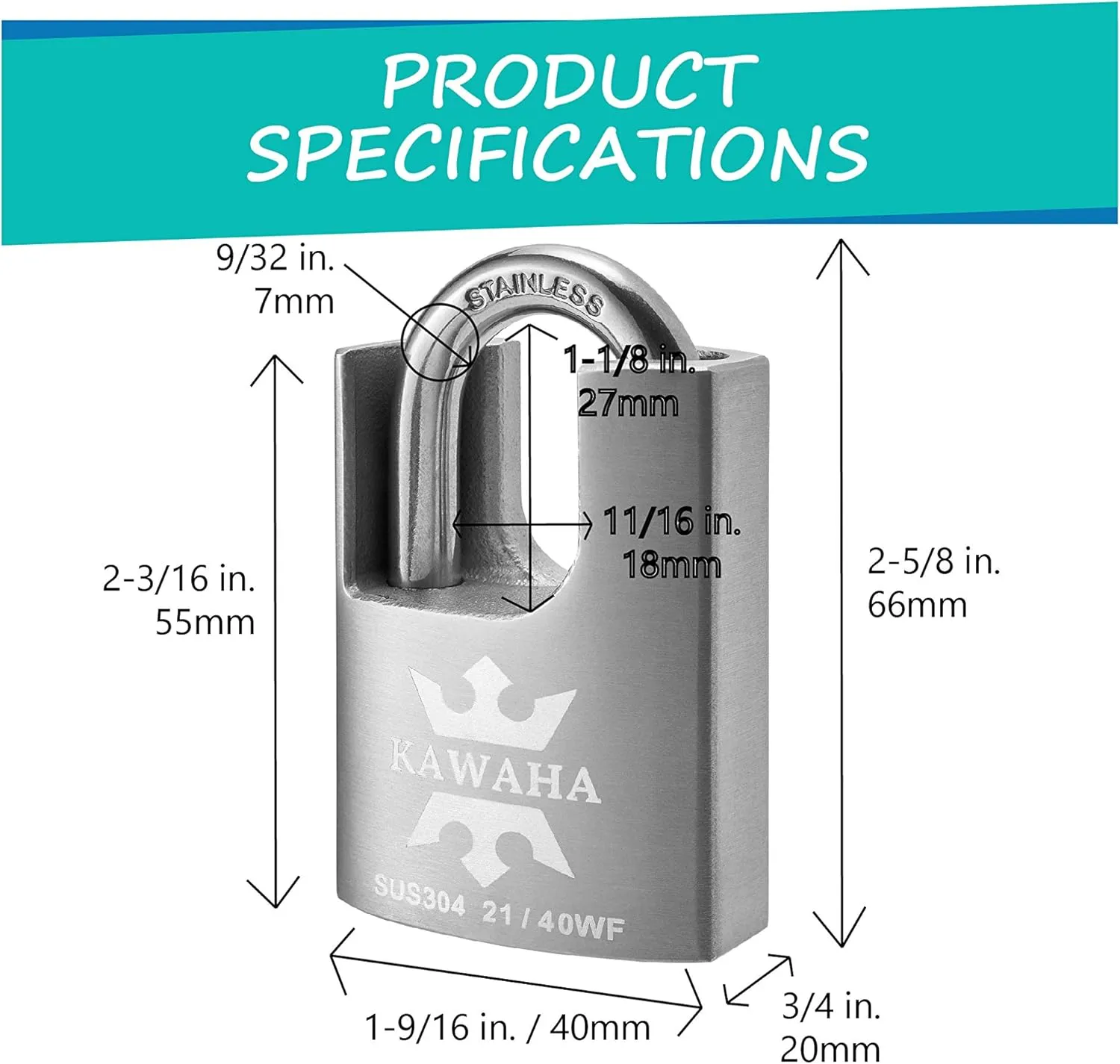 21/40KD-3SK High Security Stainless Steel Shrouded Padlock with Key for Both Indoor and Outdoor use (Heavy Duty, Anti-Rust) (1-9/16 in. (40mm), Keyed Different - 3 Stainless Steel Keys)