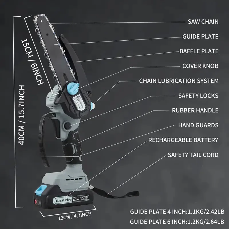 21V 4-6 Inch Cordless Chainsaw Kit with Built-in Lubrication, Battery and Charger