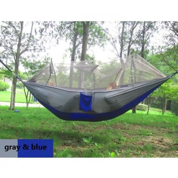 250 x 130cm Portable 1-Person Hammock with Anti-Mosquito Net -  Gray & Blue