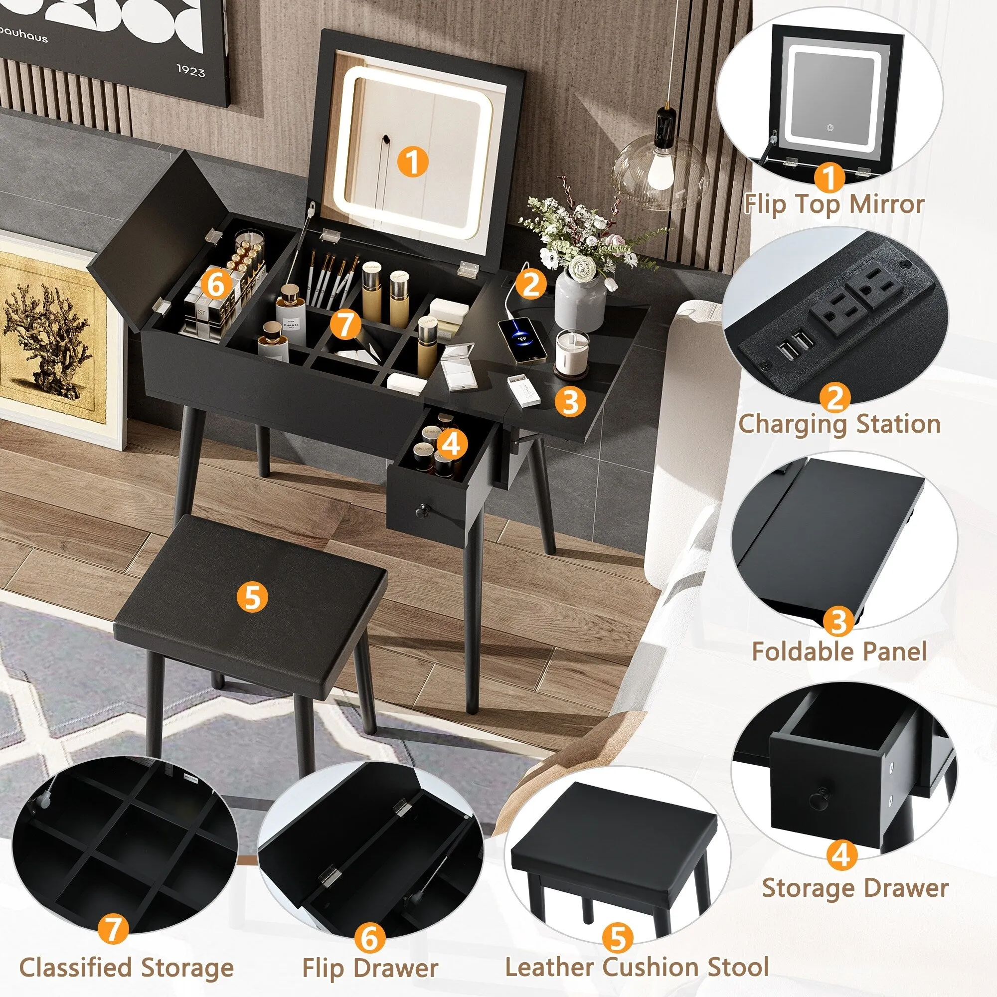 27.9'' Makeup Vanity Desk with Flip Top Mirror and LED Light
