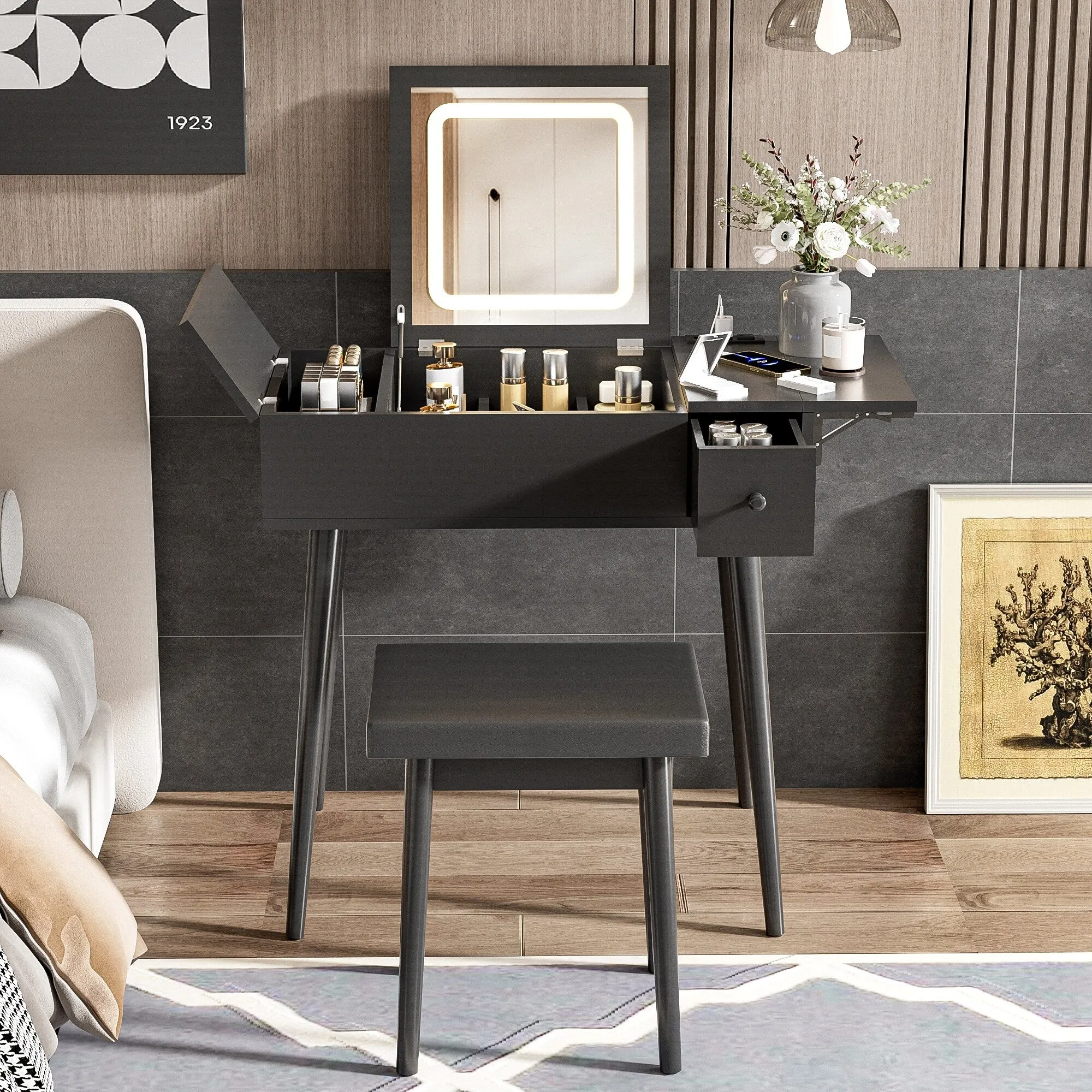 27.9'' Makeup Vanity Desk with Flip Top Mirror and LED Light