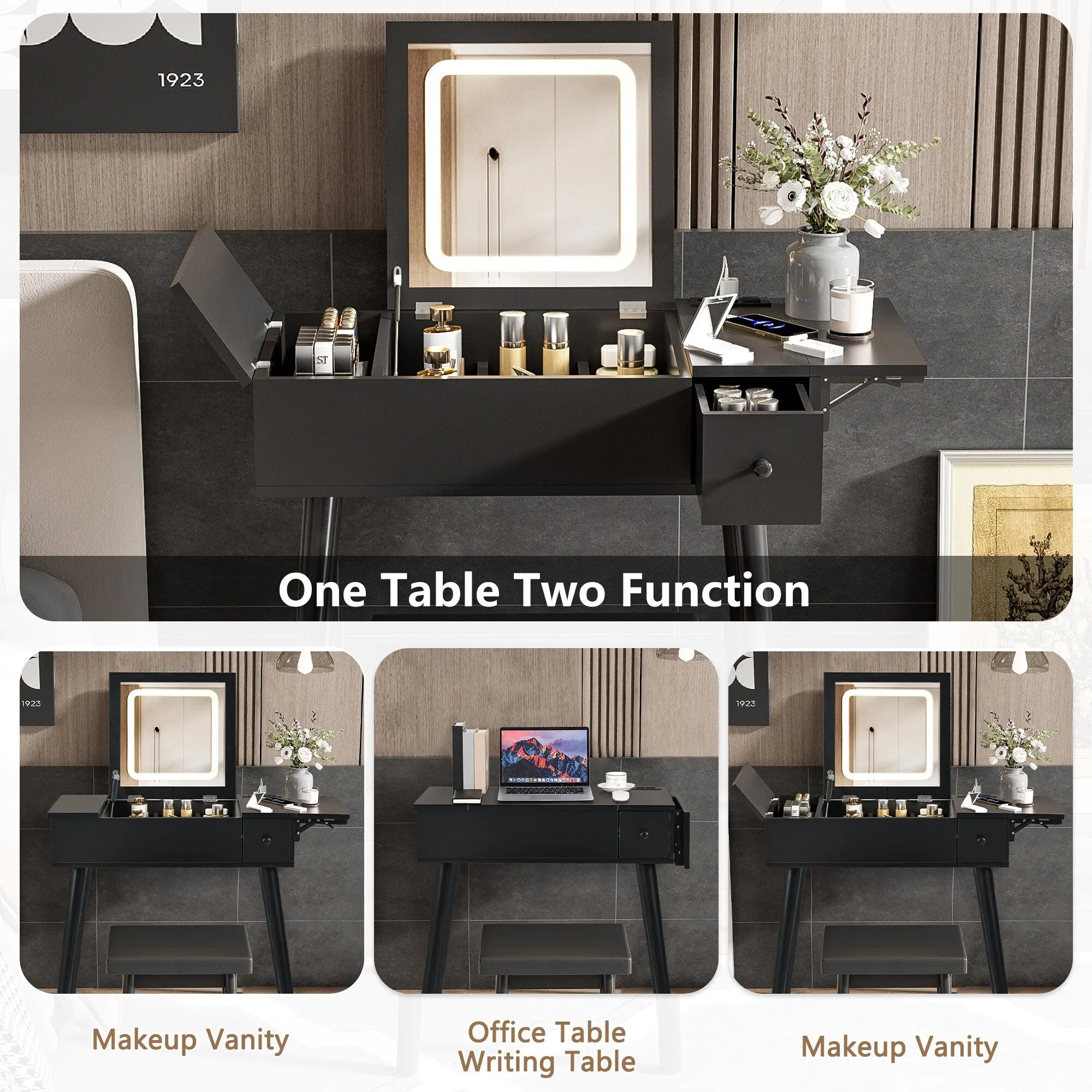 27.9'' Makeup Vanity Desk with Flip Top Mirror and LED Light