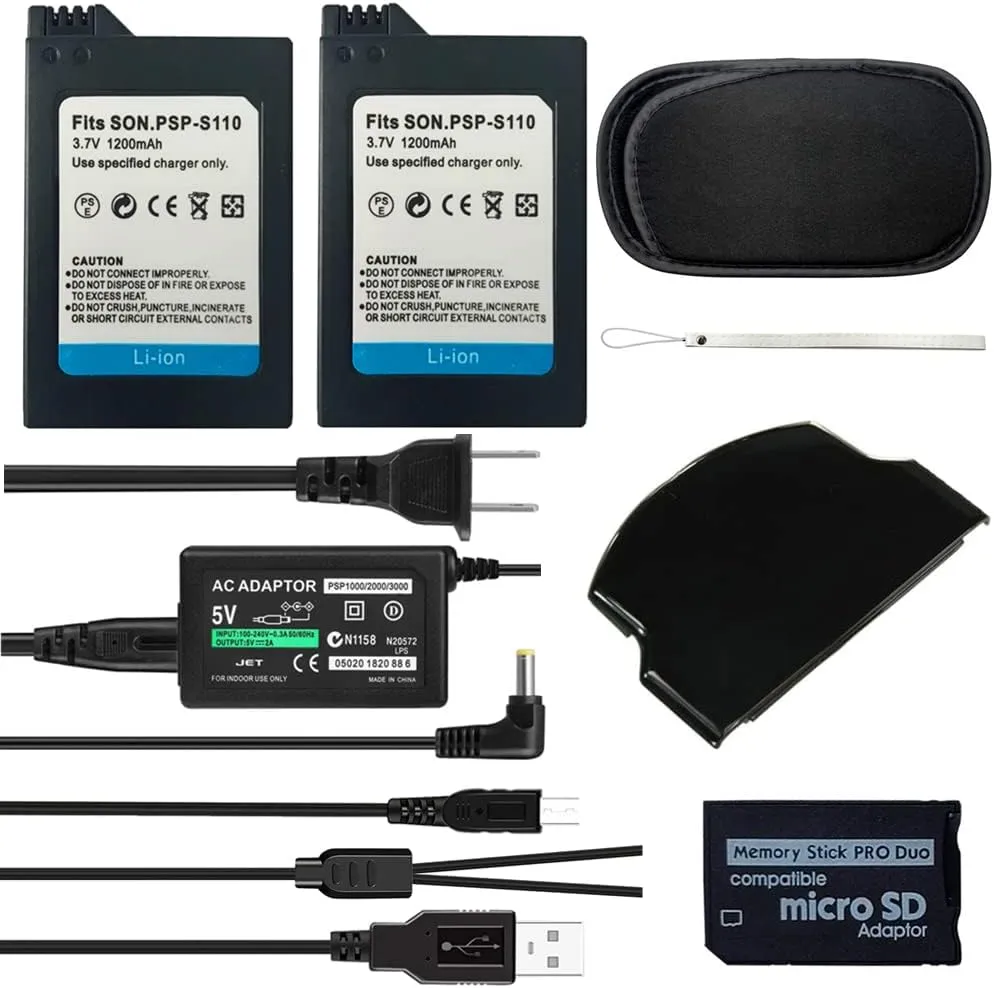 2Pcs PSP-S110 1200mah Rechargeable Lithium Ion Replacement Sony PSP Slim Battery   AC Adapter 5V 2A Wall Travel Power Supply Compatible for PSP 2000 2001 3000 3001 3004 Accessories Bundle Kit