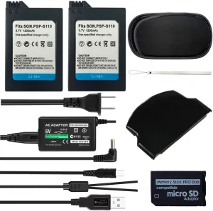 2Pcs PSP-S110 1200mah Rechargeable Lithium Ion Replacement Sony PSP Slim Battery   AC Adapter 5V 2A Wall Travel Power Supply Compatible for PSP 2000 2001 3000 3001 3004 Accessories Bundle Kit